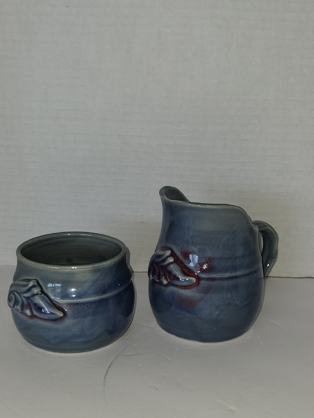 Handcrafted Signed Blue Ceramic Creamer and Sugar Set